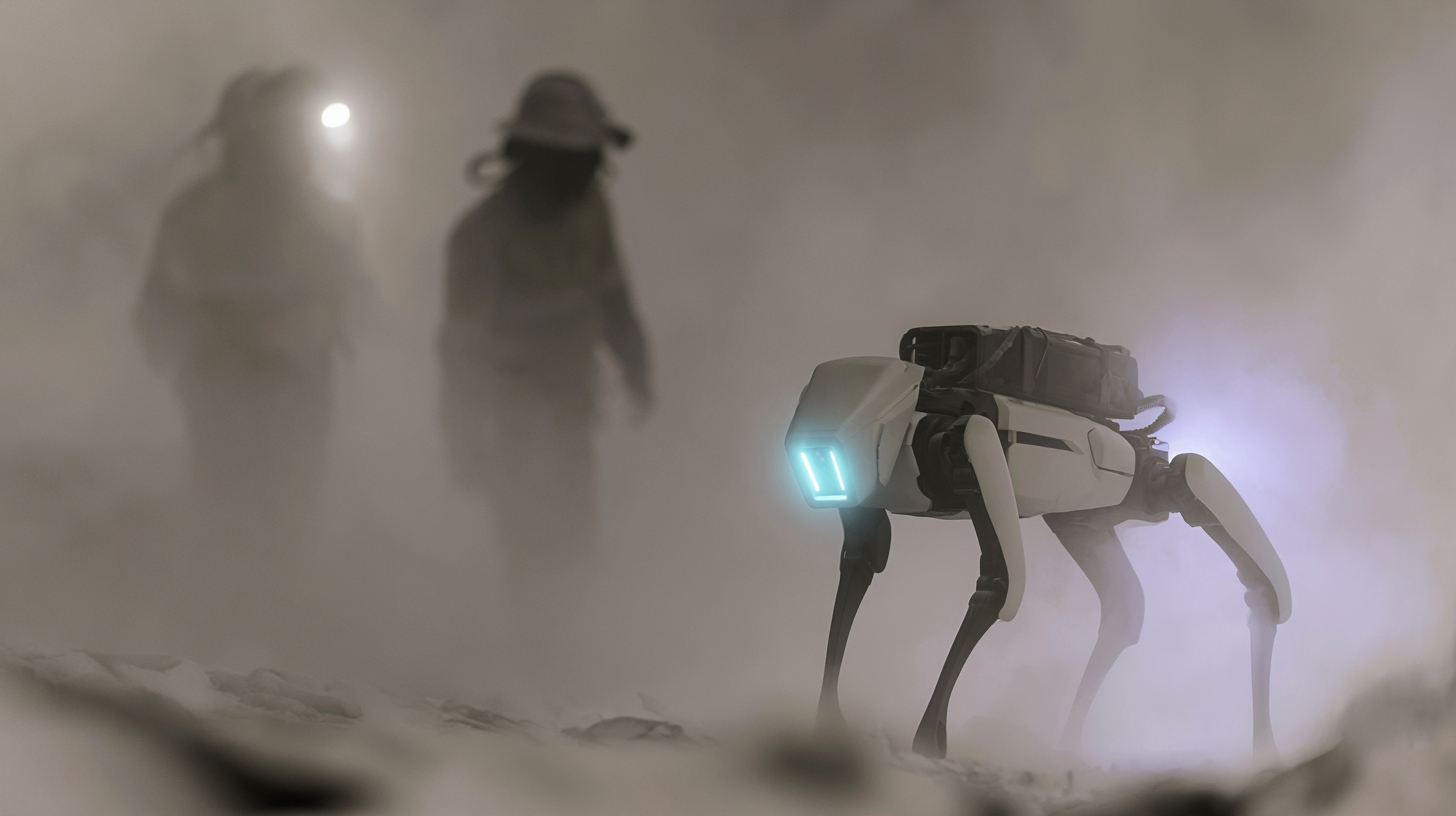 Autonomous quadruped advancing through dust toward obscured miners